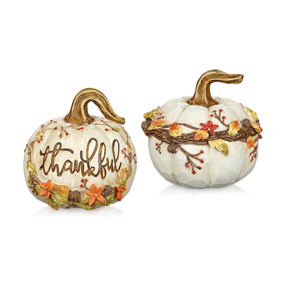 Fall Pumpkin Decor 2Pcs Fake pumpkins White Resin Carved Pumpkin Big Decorative Faux Pumpkins Artificial Pumpkins for Decorating Home Table Farmhouse Mantel Halloween Thanksgiving Harvest Centerpieces