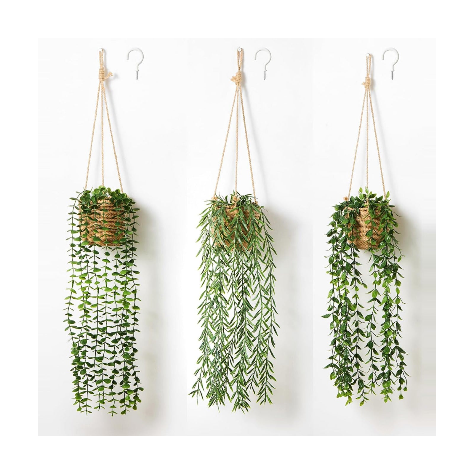 Artificial Hanging Plants in Boho Handwoven Baskets / 3-green / Set of 3