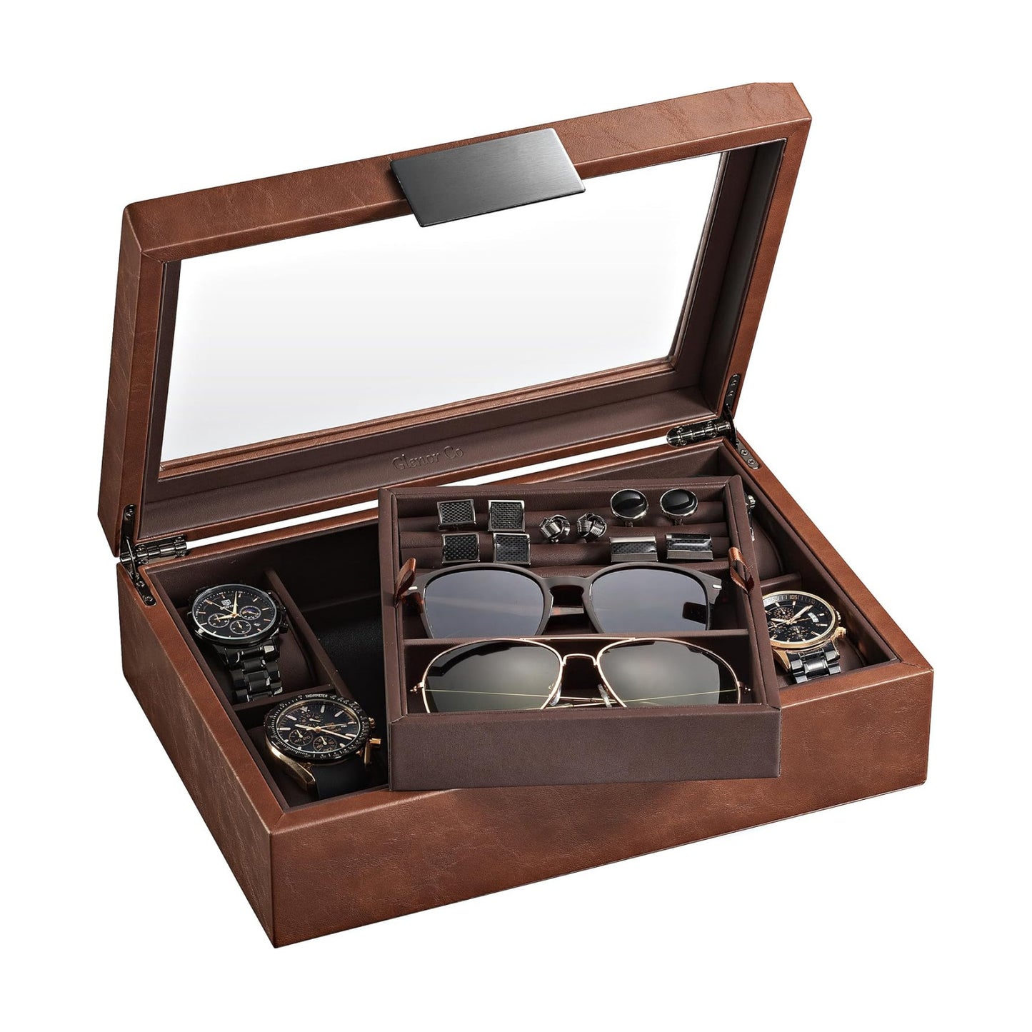 Glenor Co Valet Jewelry Box for Men - Holds 4 Watches, 12 cufflinks, 2 Sunglasses & Tray Storage - Mens Watch Case