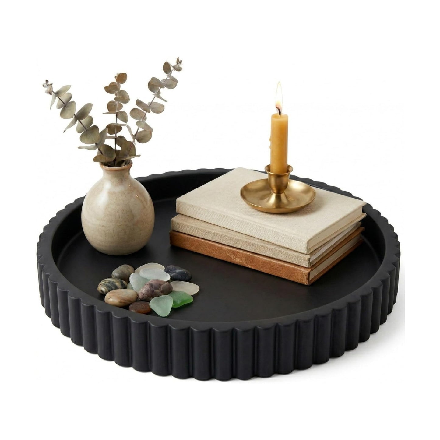 OAKOA Black Round Tray for Home Decor - Black Tray Decorative Centerpiece