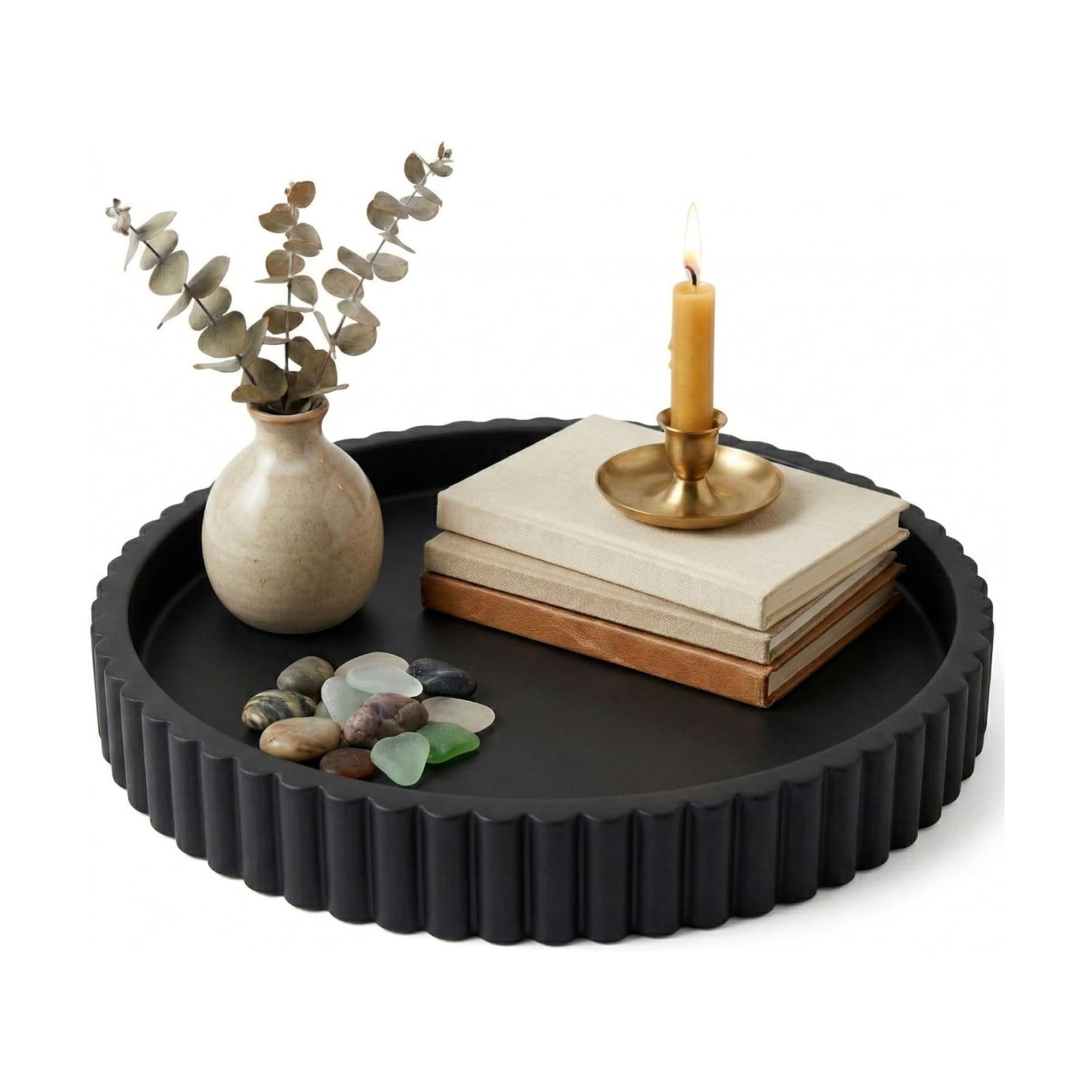 OAKOA Black Round Tray for Home Decor - Black Tray Decorative Centerpiece