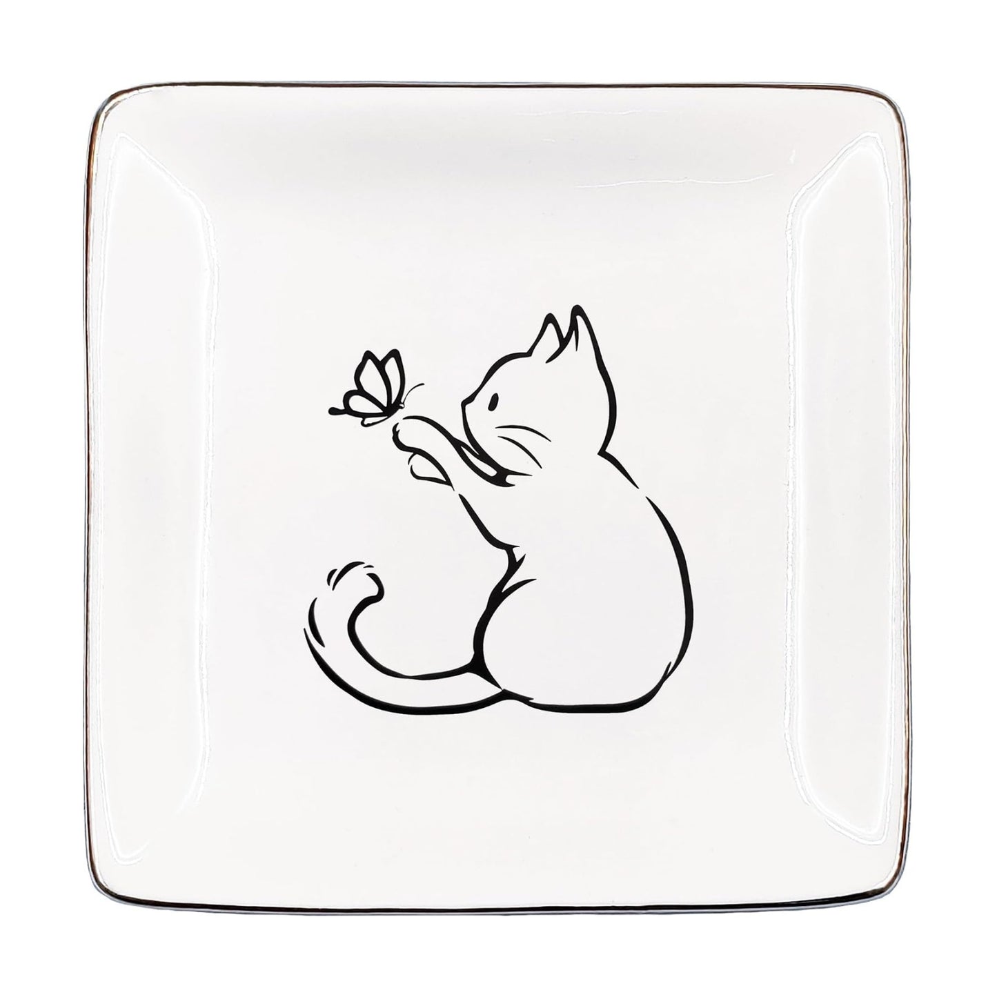 Ceramic Jewelry Tray for Rings & / Cat Butterfly / Black