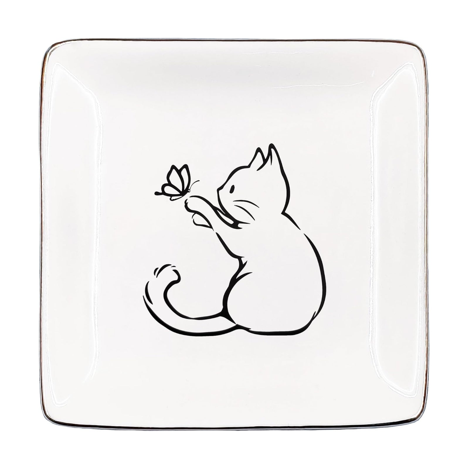 Ceramic Jewelry Tray for Rings & / Cat Butterfly / Black