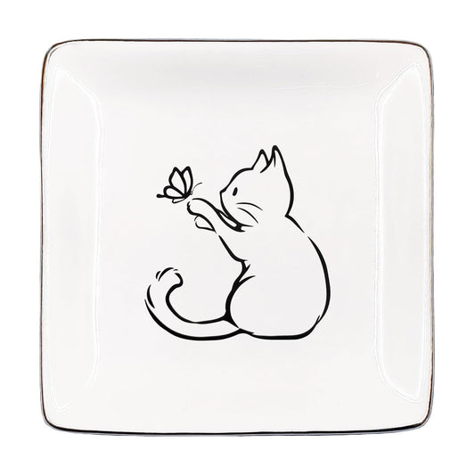 Ceramic Jewelry Tray for Rings & / Cat Butterfly / Black