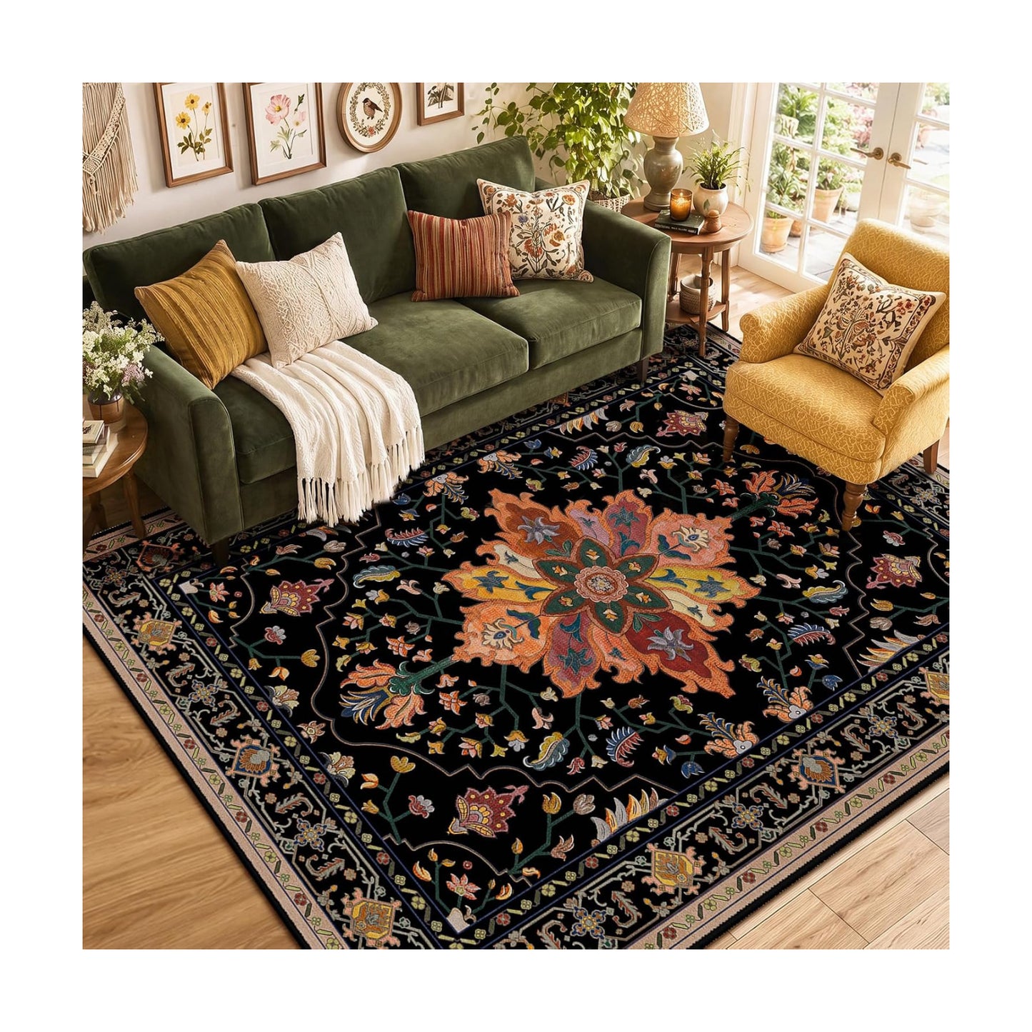 RELEANY Washable Area Rug, 6'x9', Black/Colorful