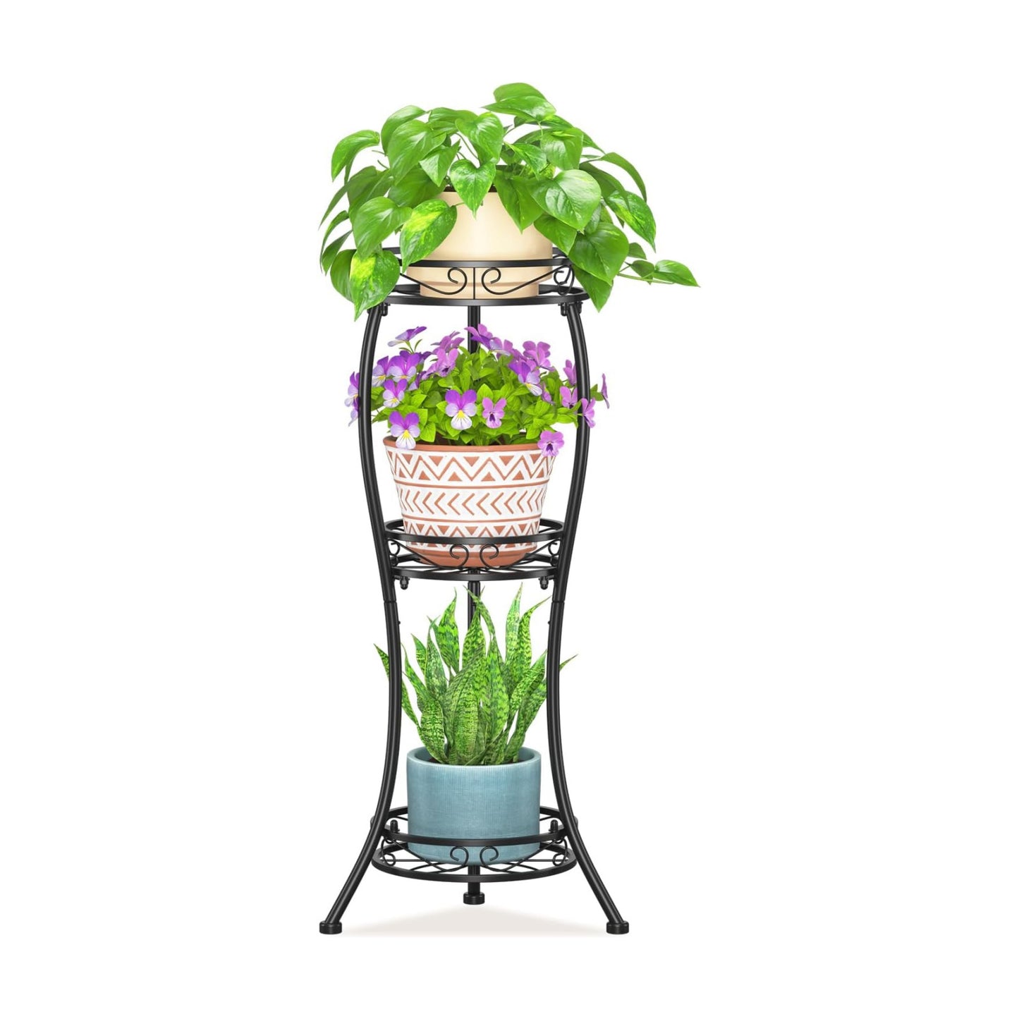 LASZOLA 3 Tiers Metal Corner Plant Flower Stand Tall Indoor Outdoor, Black | Heavy Duty Small Holder Shelf for Multiple
