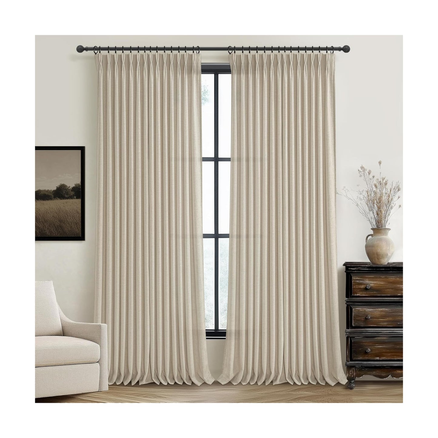 Floor to Ceiling Light Flax Linen Curtains 120 Inches Long 2 Panels Set for Patio Sliding Door 2 Panels Set, Elegant
