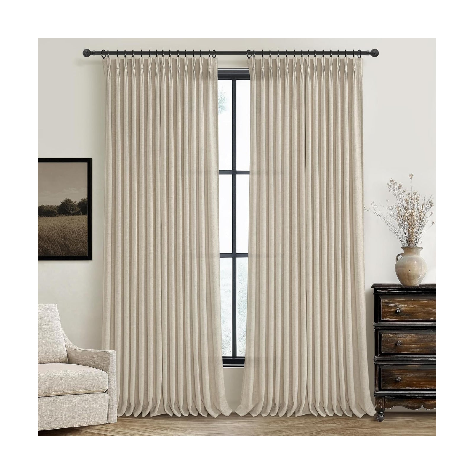 Floor to Ceiling Light Flax Linen Curtains 120 Inches Long 2 Panels Set for Patio Sliding Door 2 Panels Set, Elegant