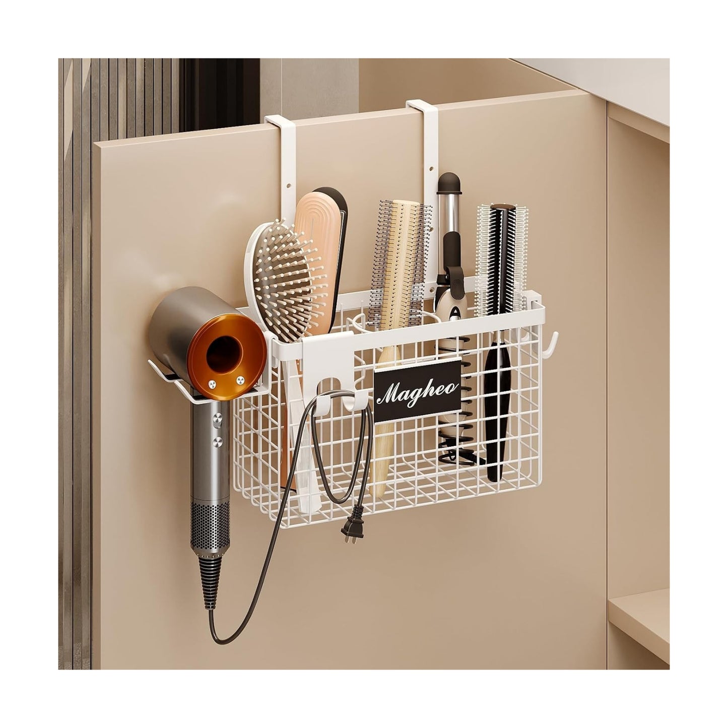 Magheo Hair Dryer Holder Cabinet Door 3-in-1 Adhesive Hair Tool Organizer Wall Mounted Adjustable Height Blow Dryer