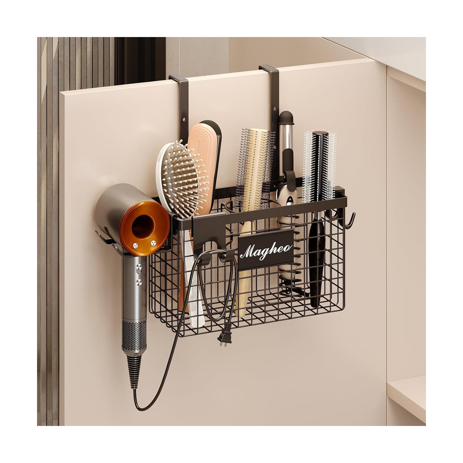 Magheo Hair Dryer Holder Cabinet Door 3-in-1 Adhesive Hair Tool Organizer Wall Mounted Adjustable Height Blow Dryer