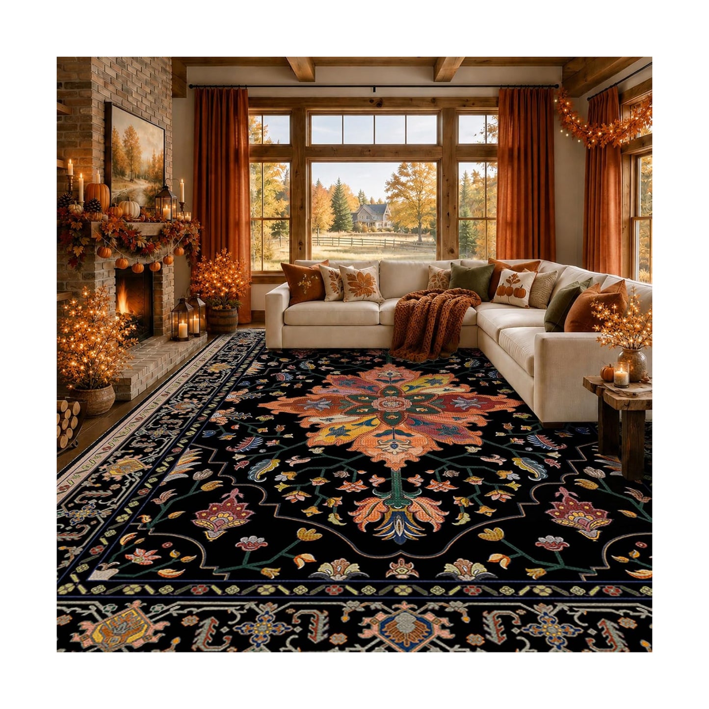 RELEANY Washable Area Rug, Large 9'x12', Black/Colorful