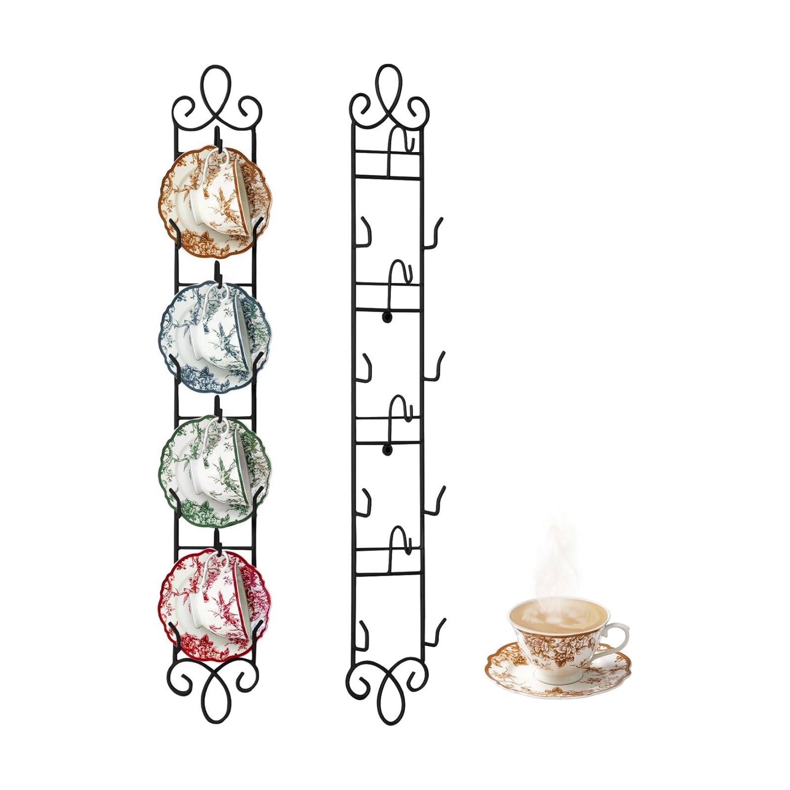 Blulu 2 Pcs Wall Mounted Tea Cup & Saucer Display Rack 4 Tiers,Black | 36 x 5 Inch Vertical Metal Mug & Plate Hanger