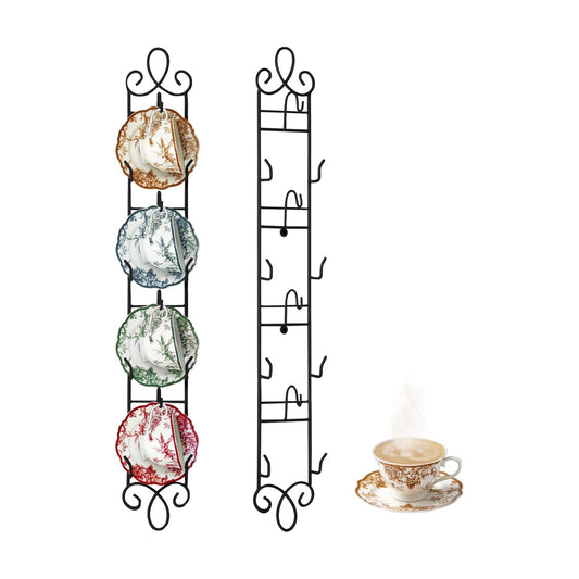 Blulu 2 Pcs Wall Mounted Tea Cup & Saucer Display Rack 4 Tiers,Black | 36 x 5 Inch Vertical Metal Mug & Plate Hanger