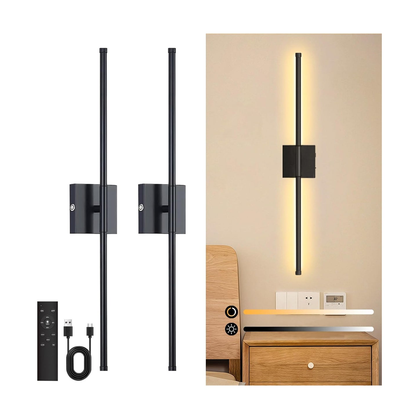 Battery Operated Wall Sconce Set of 2, Wall Sconces 3000K-6000K Dimmable Rechargeable Wall Sconce with Remote Control