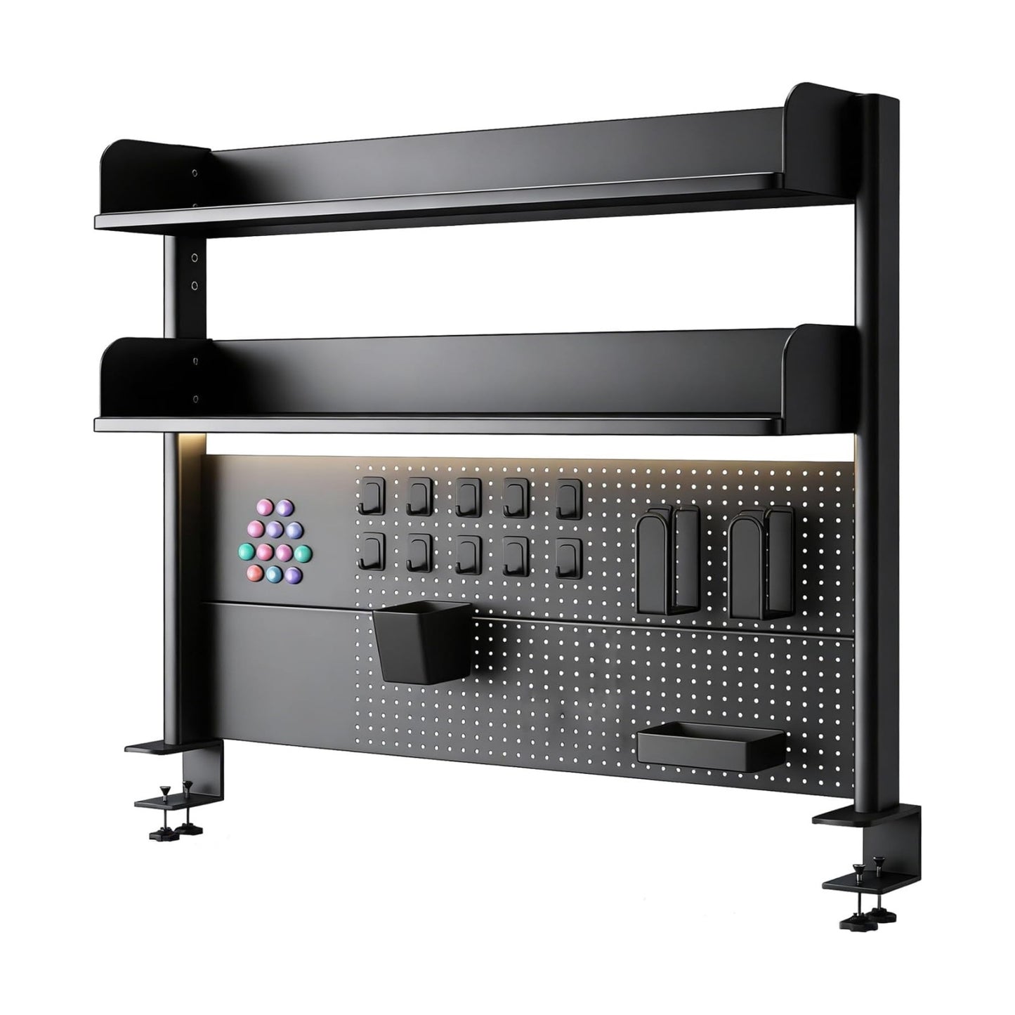 Clamp On Desk Pegboard Shelf - Metal Desktop Organizer Hutch with 2 Shelves | Storage and Display, Desk Add-On Shelf