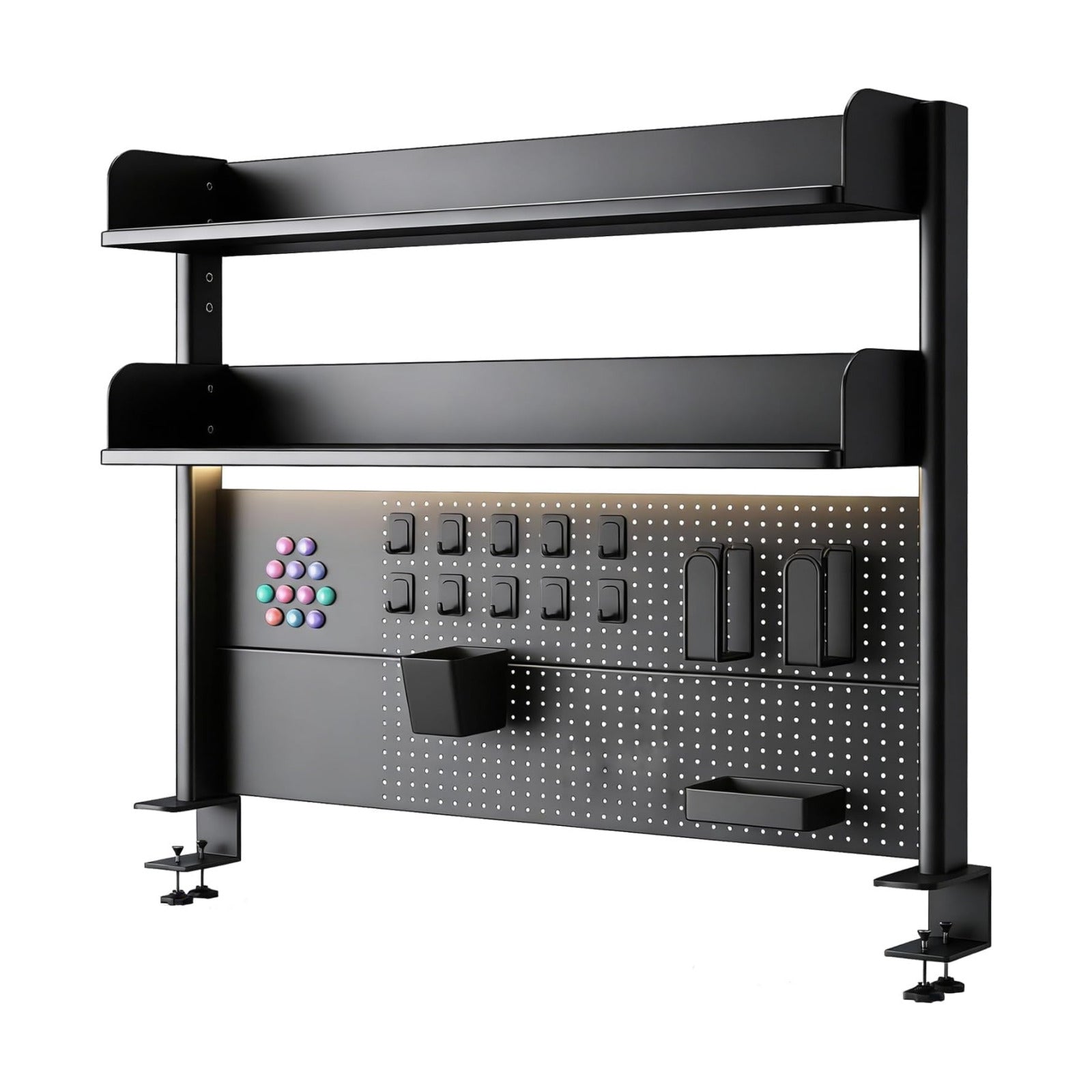 Clamp On Desk Pegboard Shelf - Metal Desktop Organizer Hutch with 2 Shelves | Storage and Display, Desk Add-On Shelf