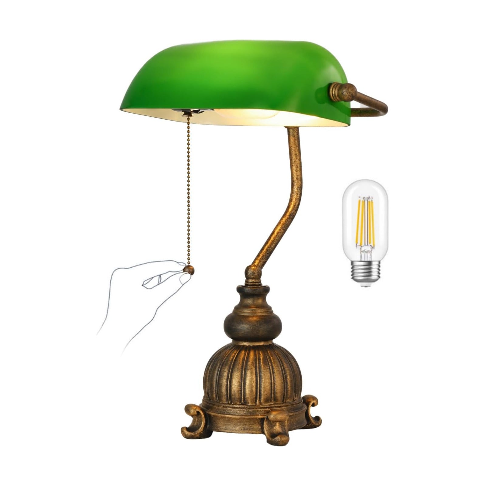 Retro Green Glass Bankers Desk Lamp,LED Bulb Included | Home Office Library with Pull Chain Switch Plug in Fixture