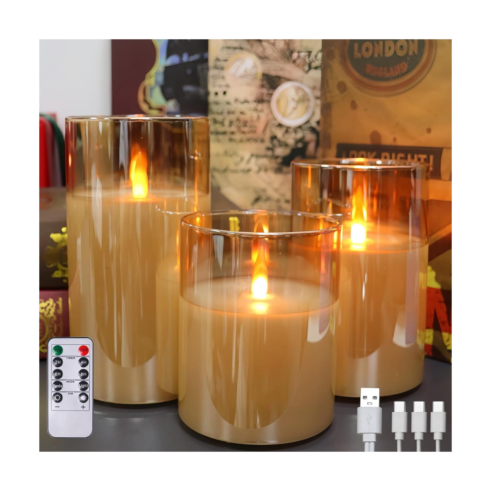 200 Hours Glass Rechargeable Flickering Flameless Candles with Remote | Rechargeable LED Pillar Fake Candles, Real Wax
