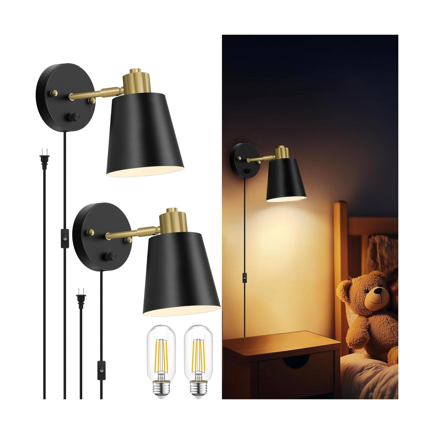 Lomoky Plug in Wall Sconces Set of 2, Dimmable Wall Lights with Plug in Cord and Dimmer On/Off Knob Switch, Adjustable