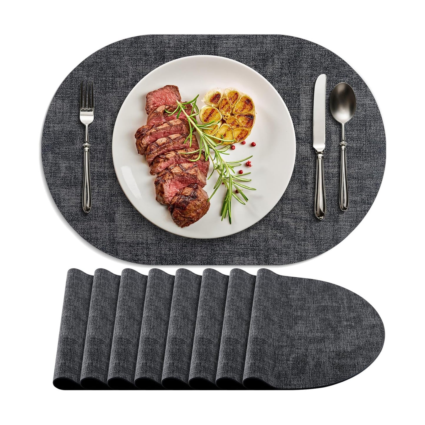Placemats Set of 8 Non-Slip, Heat Resistant Oval Leather Place mats Double Layer, Waterproof Table Mats Easy to Clean