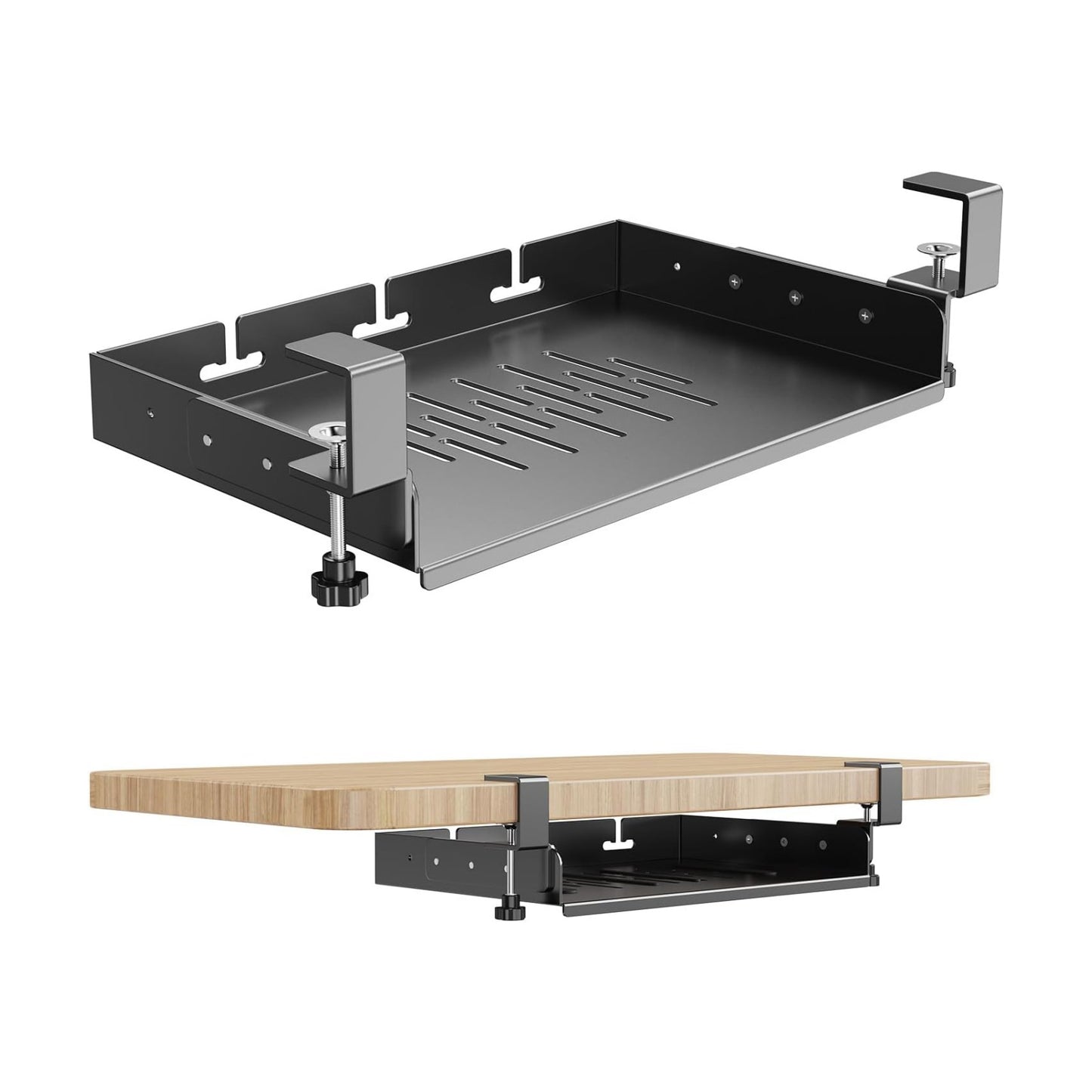 BYMECOST No Drill Under Desk Laptop Mount, Metal Under Desk Storage Shelf | Laptop Storage Tray for Macbook, Mac Mini