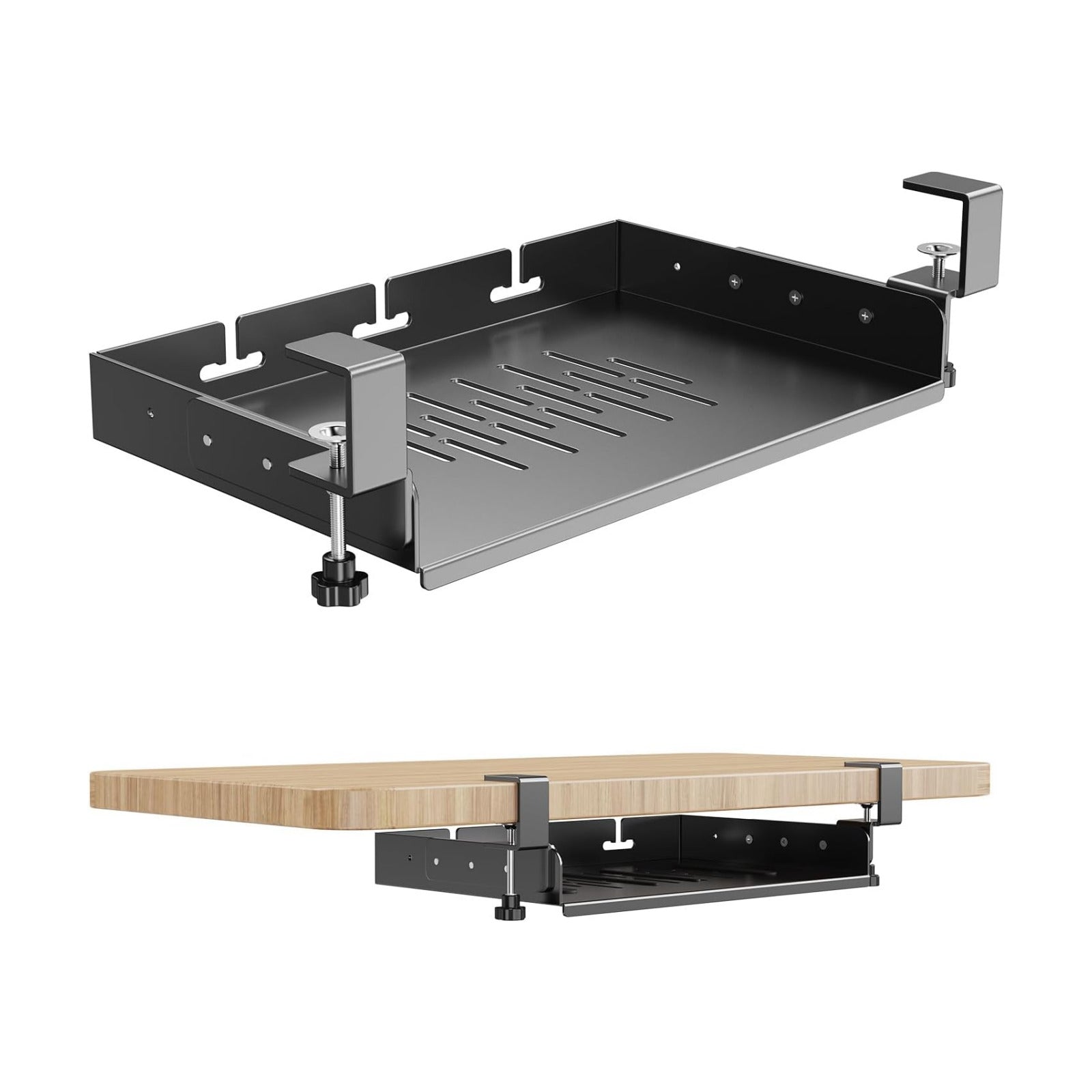 BYMECOST No Drill Under Desk Laptop Mount, Metal Under Desk Storage Shelf | Laptop Storage Tray for Macbook, Mac Mini