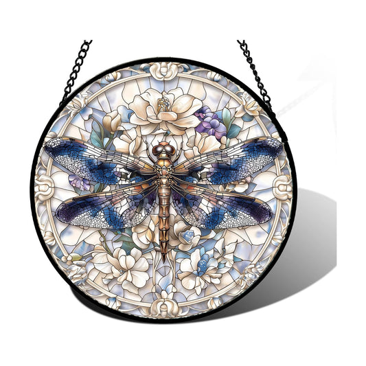 Dragonfly White Florals Stained Glass Window Hanging Suncatcher Gifts 7.8"
