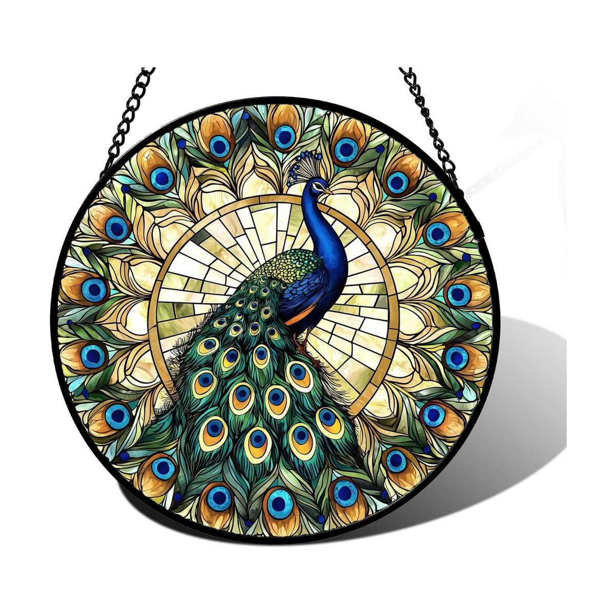Peacock in Feather Halo Stained Glass Window Hanging Suncatcher Gifts 6.3"