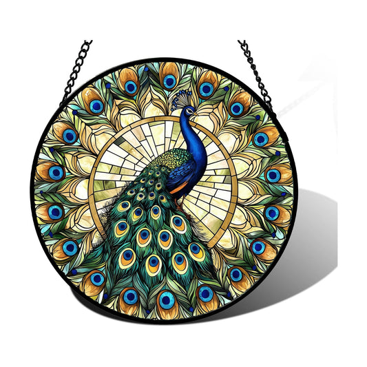 Peacock in Feather Halo Stained Glass Window Hanging Suncatcher Gifts 6.3"
