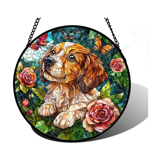 Dog with Roses Stained Glass Window Hanging Suncatcher Gift for Women 9.8"
