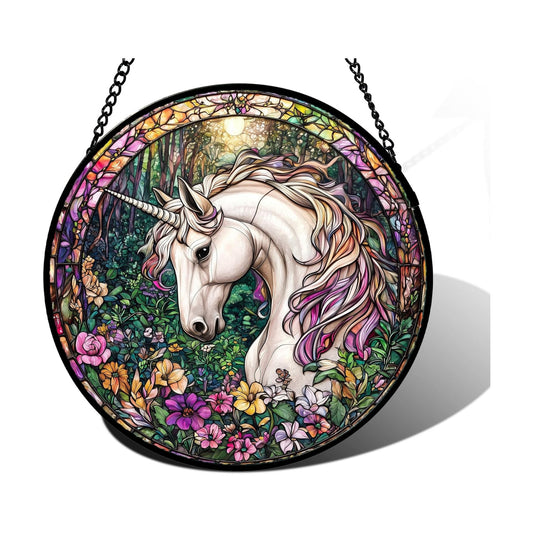 Unicorn in Flower Forest Stained Glass Window Hanging Suncatcher Gift 9.8"