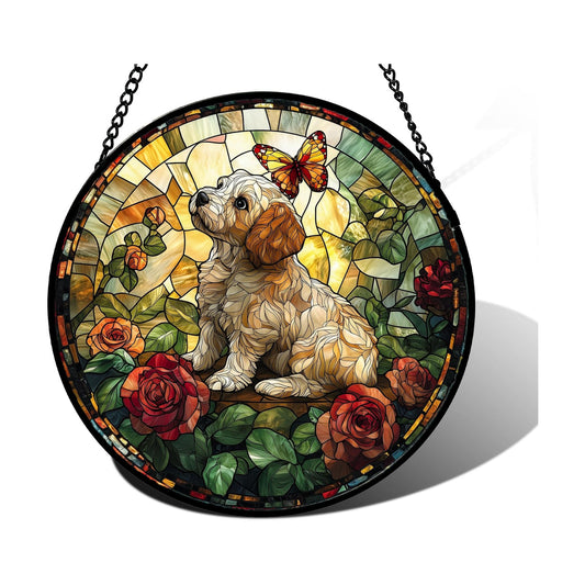 Butterfly Puppy in Rose Stained Glass Window Hanging Suncatcher Gifts 9.8"