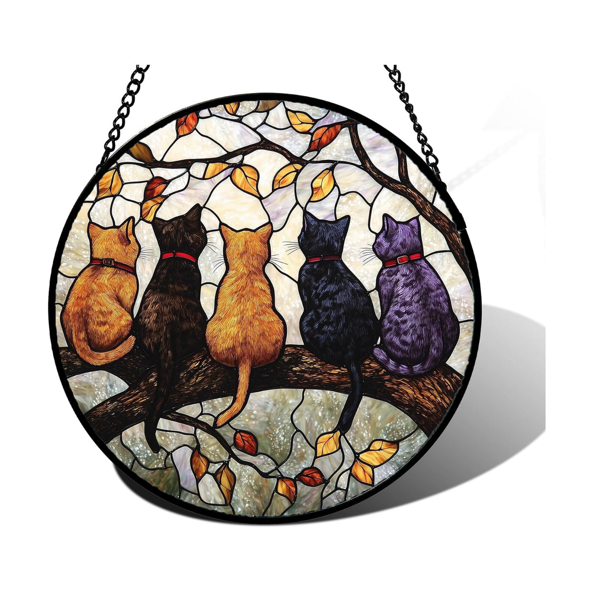 5 Cats on a Branch Stained Glass Window Hanging Suncatcher Gifts 9.8"