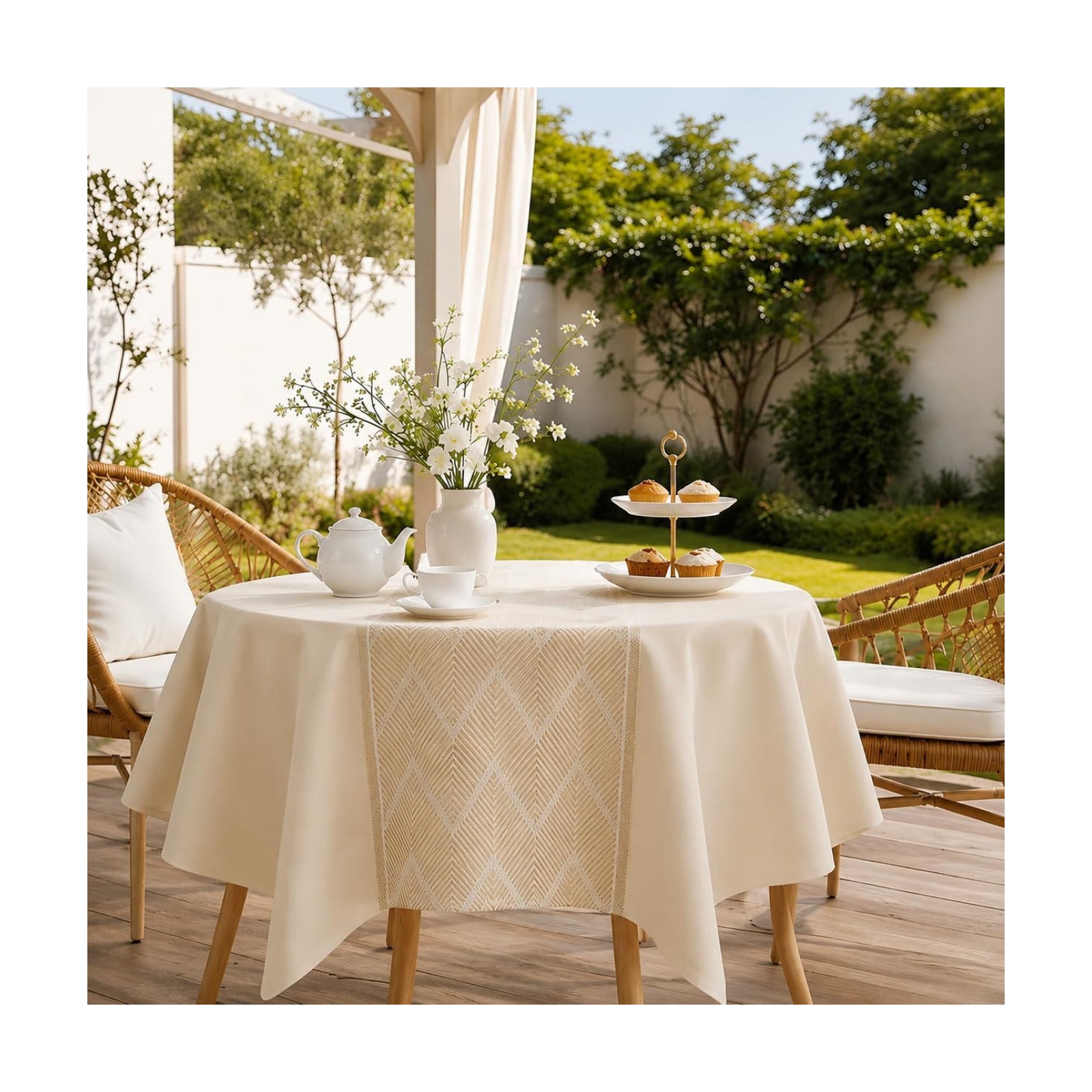 Square Linen Tablecloth Waterproof Spillproof Cloth, 55x55 Inch | Stain Resistant Woven Geometric Runner Design