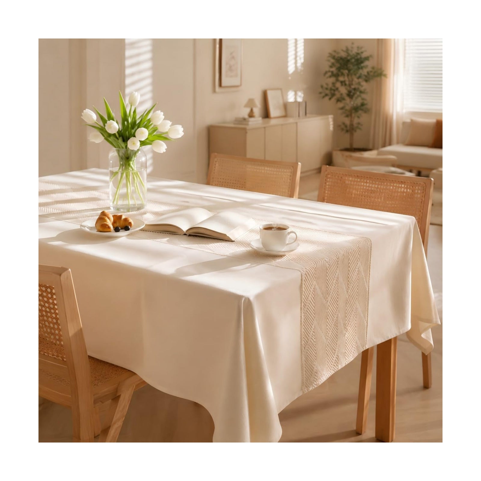 Rectangle Linen Tablecloth Waterproof Spillproof Cloth, 55x70 Inch | Stain Resistant Woven Geometric Runner Design