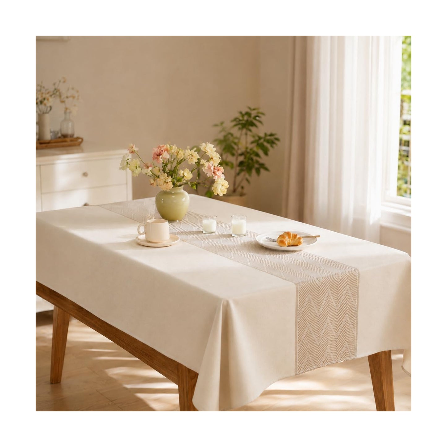 Rectangle Linen Tablecloth Waterproof Spillproof Cloth, 55x120 Inch | Stain Resistant Woven Geometric Runner Design