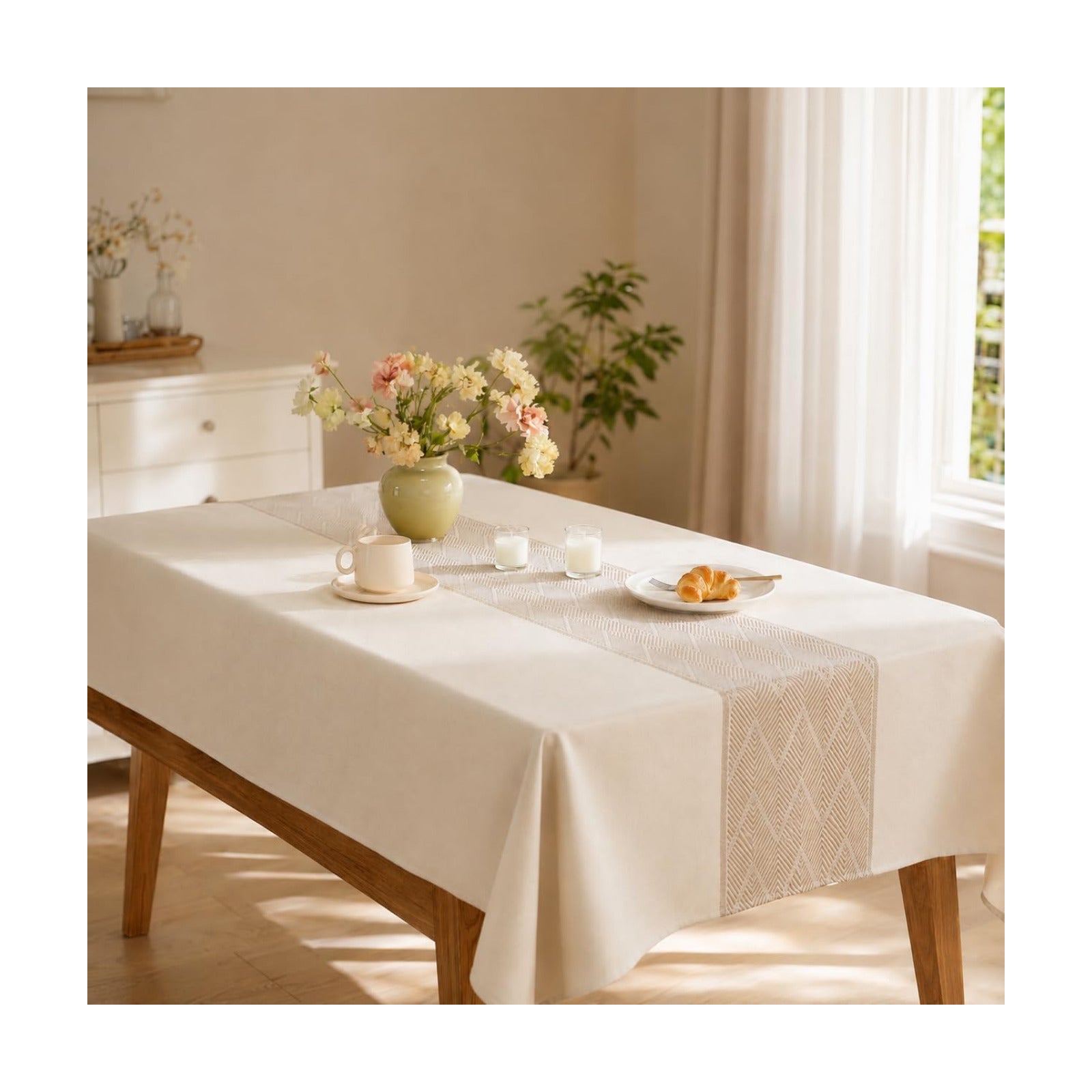 Rectangle Linen Tablecloth Waterproof Spillproof Cloth, 55x120 Inch | Stain Resistant Woven Geometric Runner Design