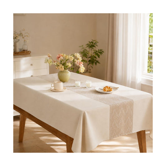 Rectangle Linen Tablecloth Waterproof Spillproof Cloth, 55x120 Inch | Stain Resistant Woven Geometric Runner Design