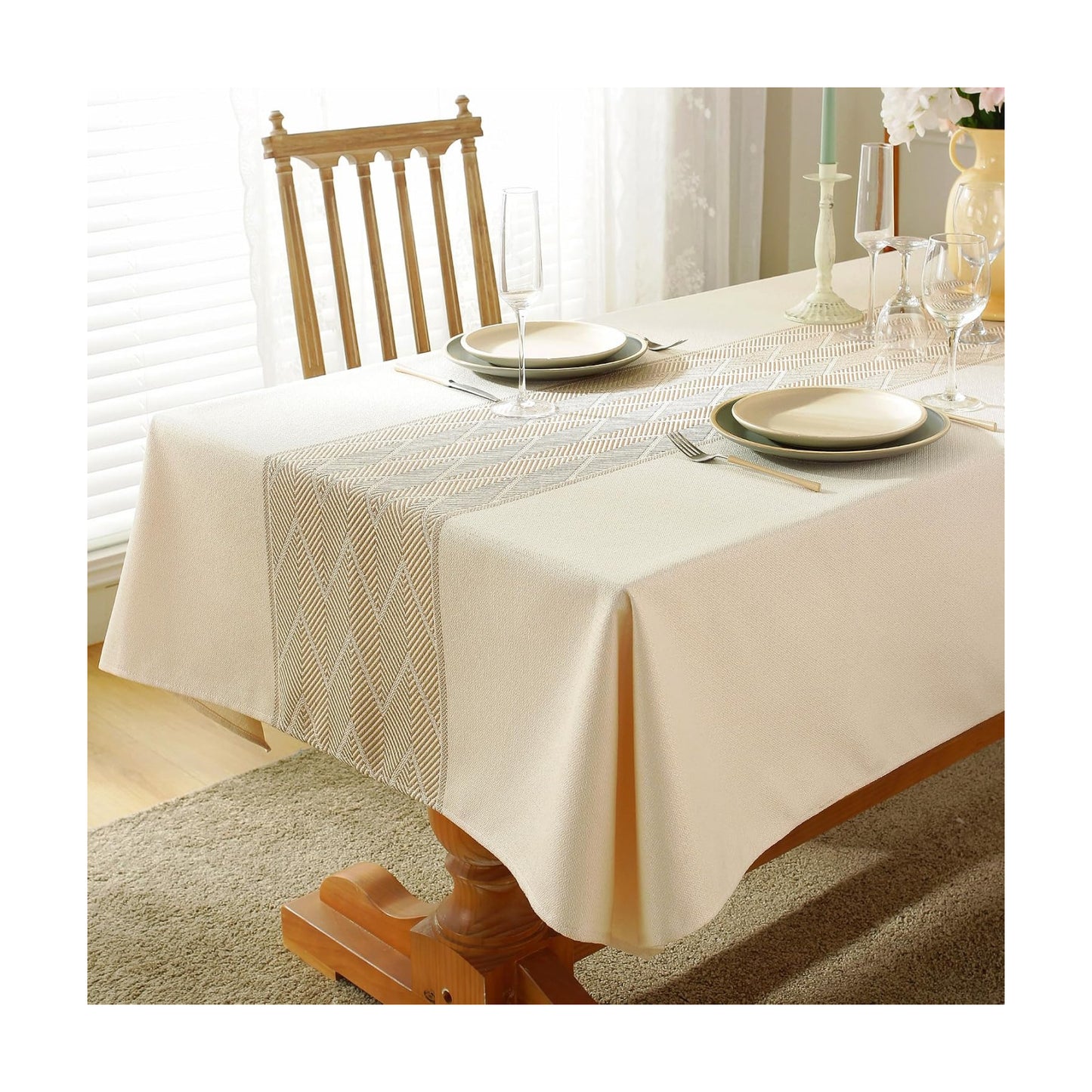 Nordic Faux Linen Tablecloth, Rectangle Modern Cream Beige Cover | Stain Resistant & Spillproof Minimalist Solid Table