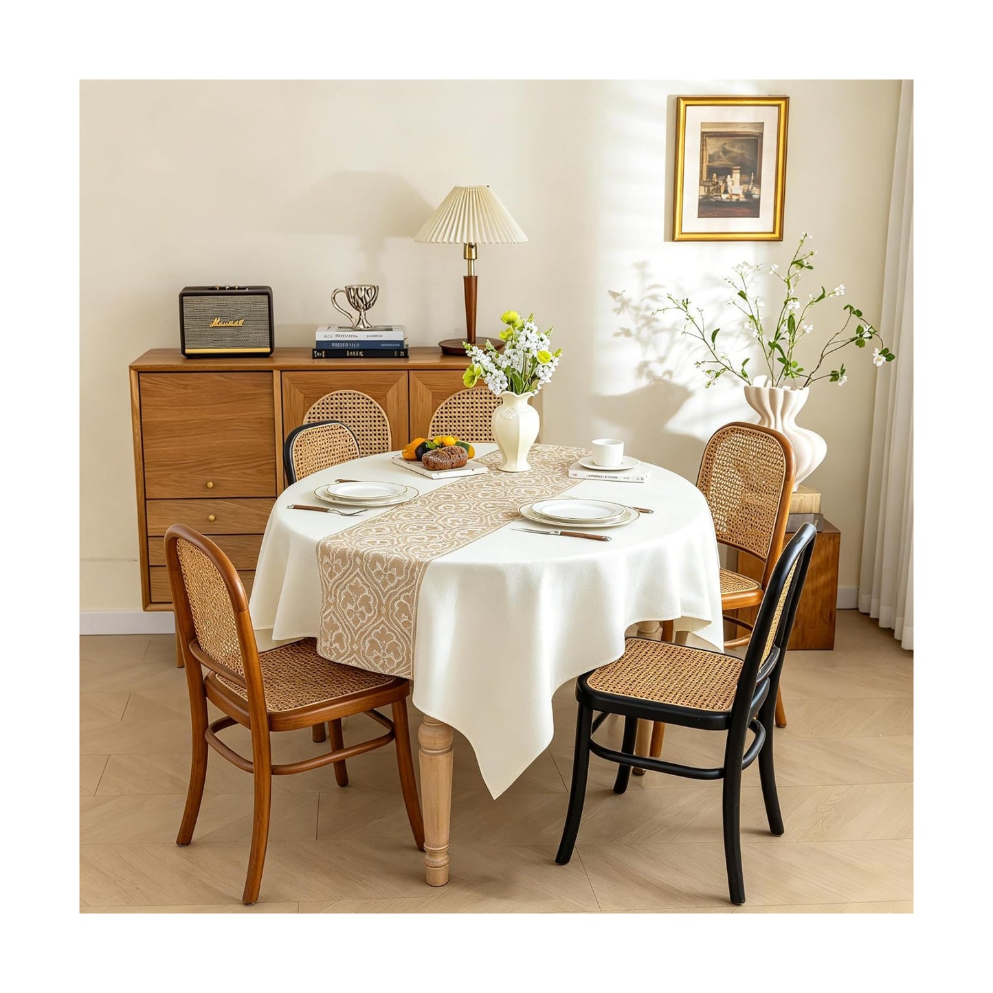 Square Linen Tablecloth Classic Vine Spillproof Cloth, 55x55 Inch | Stain Resistant Woven Classic Scroll Runner Design