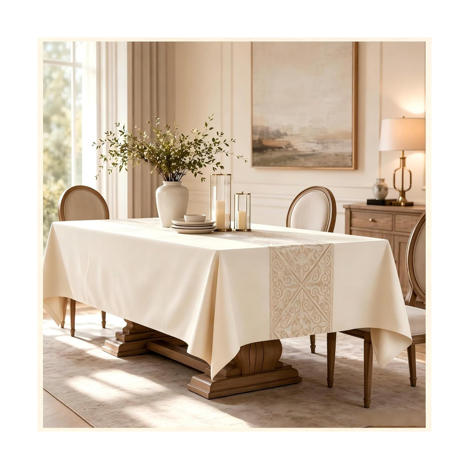 Rectangle Linen Tablecloth Luxury Totem Spillproof Cloth 55x134 Inch | Stain Resistant Woven Baroque Totem Runner