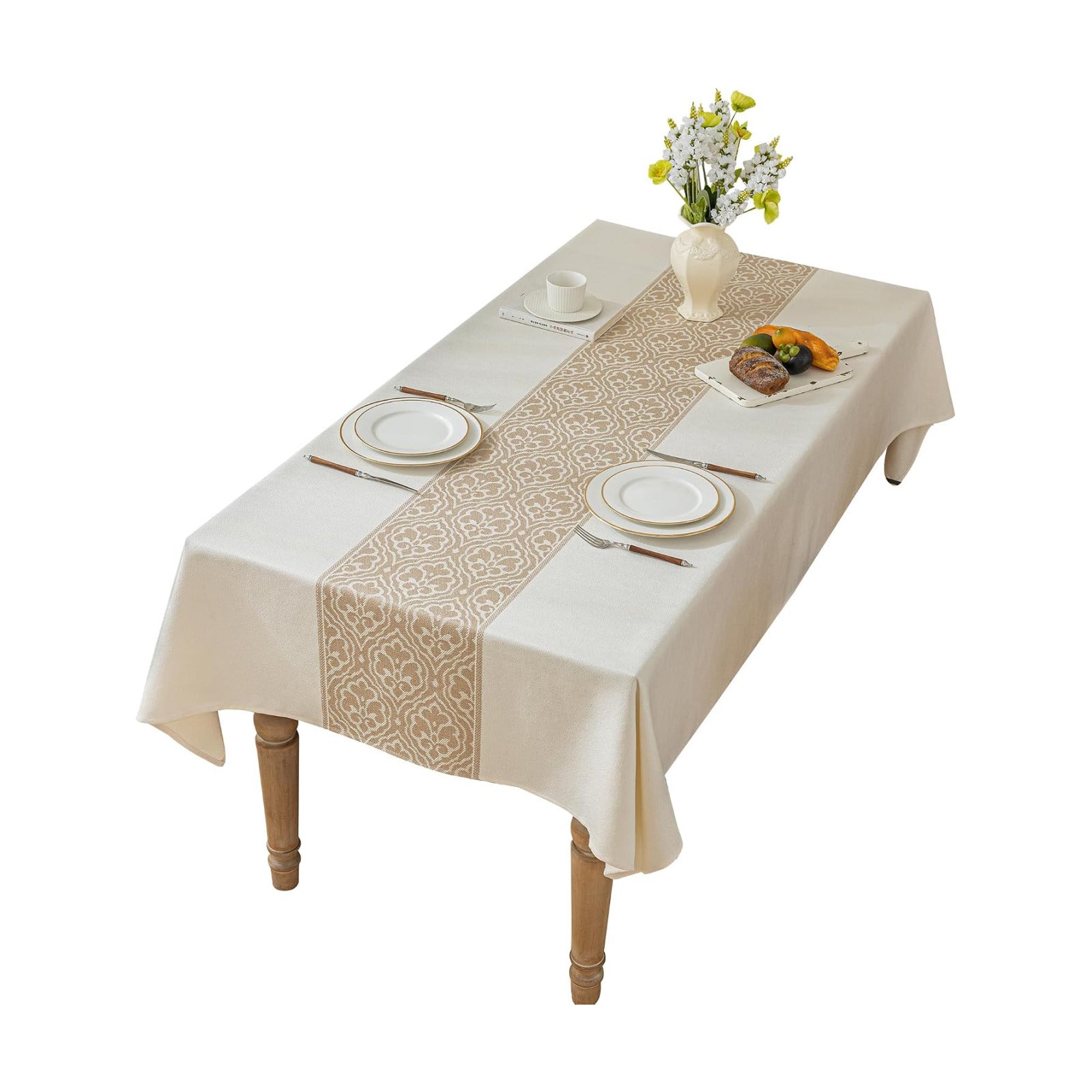 Nordic Beige Rectangular Tablecloth, Premium Drape | Water & Stain Resistant, Elegant Rectangle Table Cover for Dining