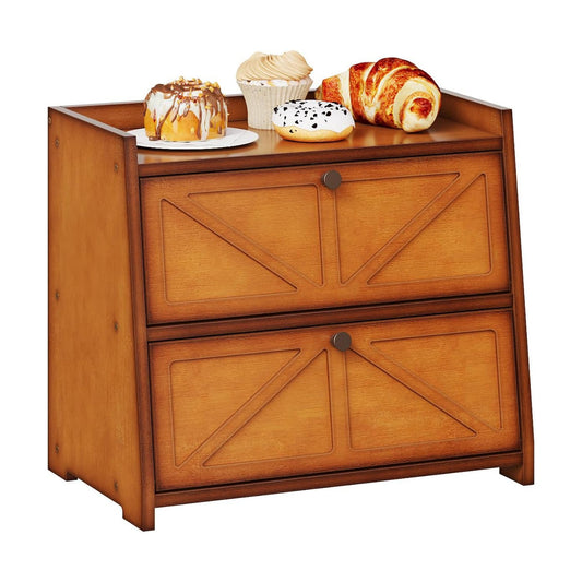 Trironsun Vintage Double Layer Bread Box for Kitchen Counter Bamboo Bread Storage Container Large Capacity Bread