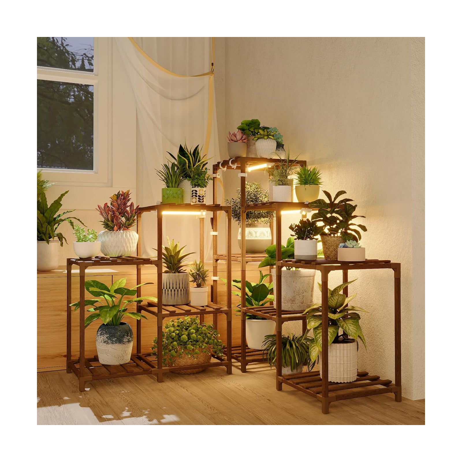 Bamworld Plant Stand with Grow Lights for Indoor Plants 11 Potted