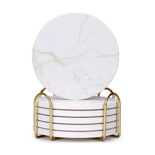 Coasters White Marble Style Ceramic Drink Coasters / White 04 / Set of 6