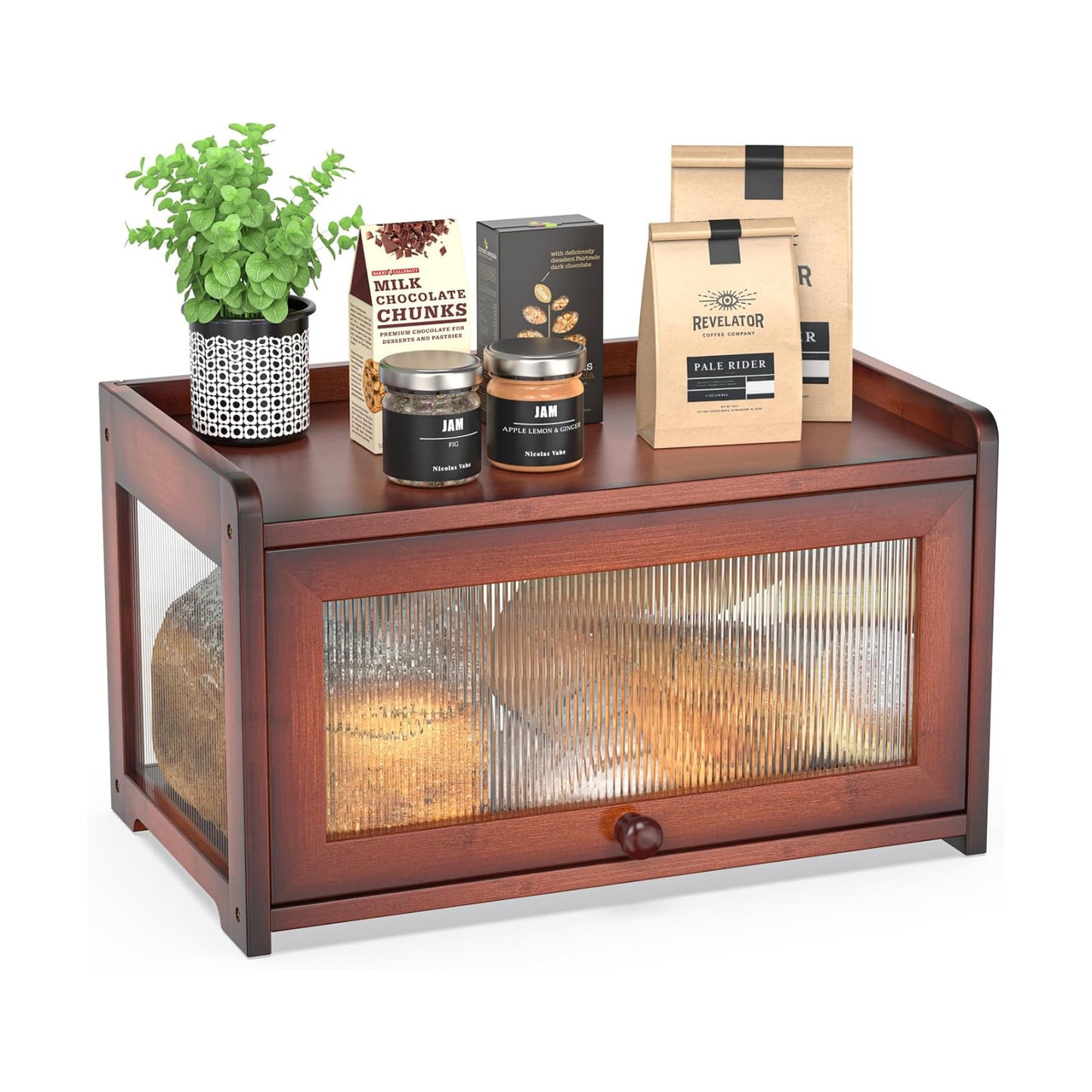 BAMBANG Bamboo Bread Box for Kitchen Countertop, Extra Large Farmhouse Bread Box with 4-Side Clear Panels, Wooden Bread