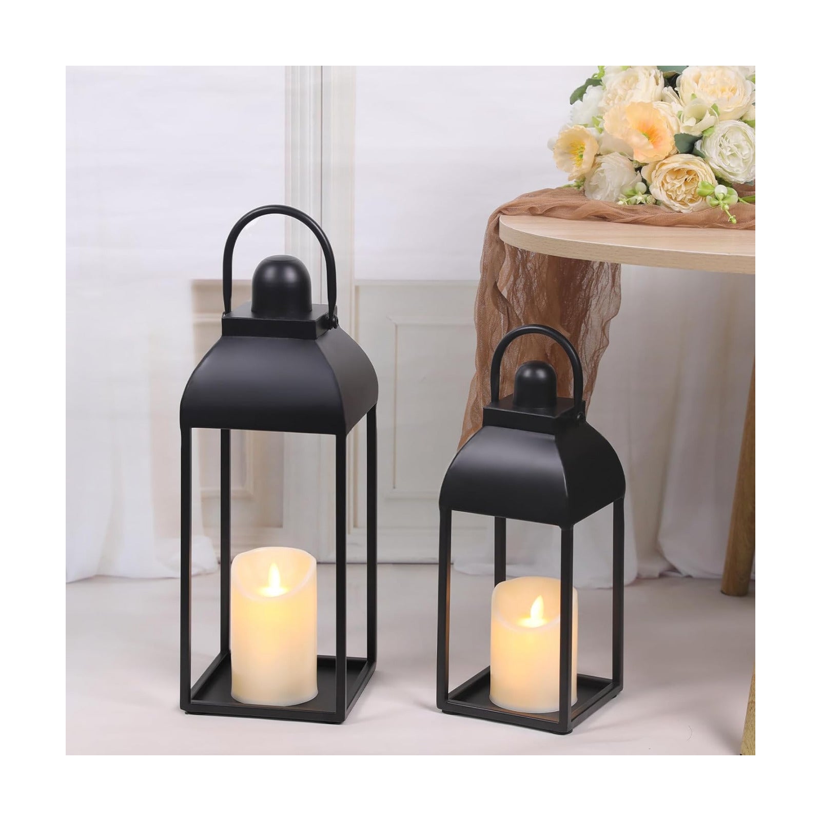 Lanterns Decorative Outdoor Indoor, 17'' 13'' Black Metal Outdoor Lanterns | Set of 2 Modern Farmhouse Candle Lantern