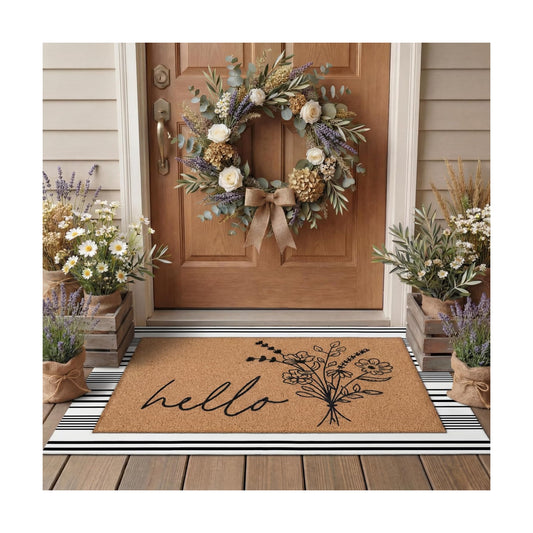 Tinideya 2 Pcs Farmhouse Hello Layered Welcome Mat for Front Door