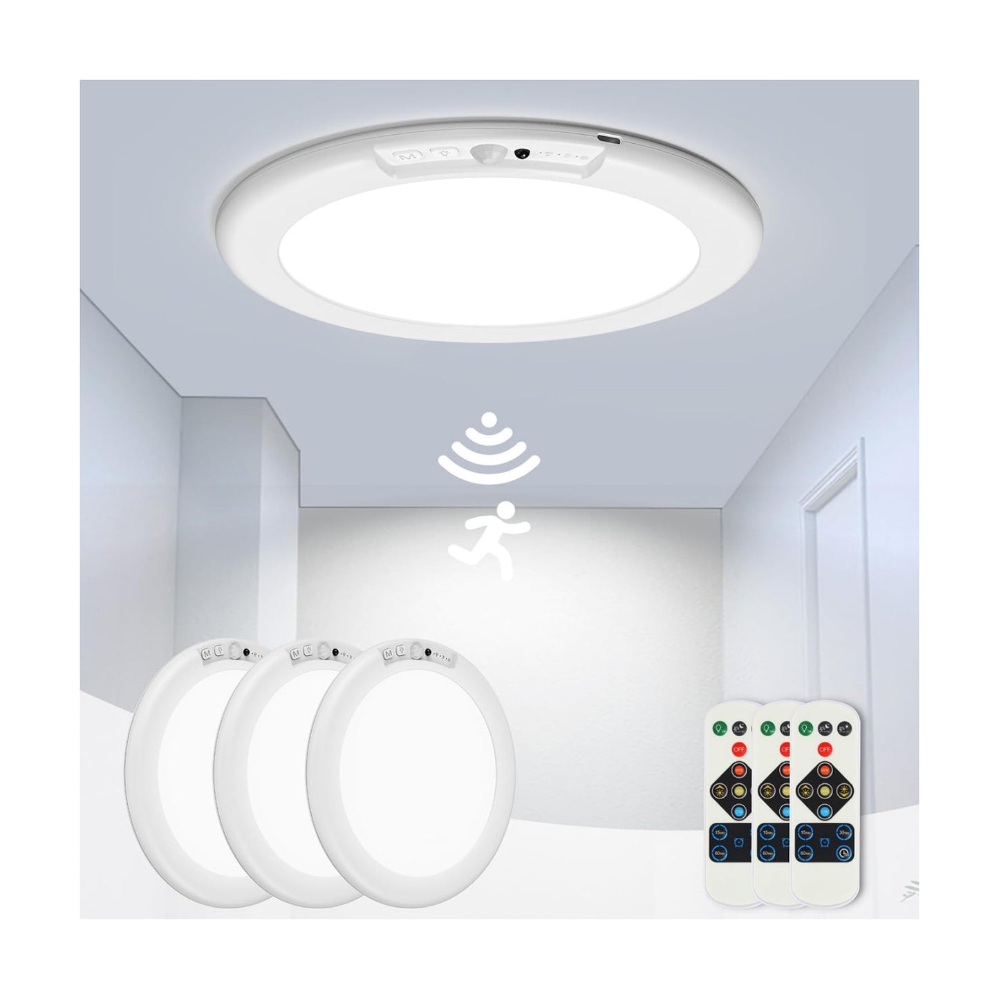 3 Pack Rechargeable Motion Sensor Ceiling Light, Wireless Ceiling Lights Battery Operated Closet Light with Remote