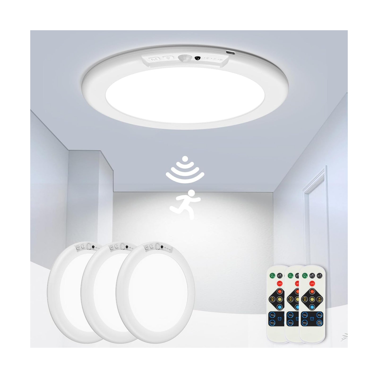3 Pack Rechargeable Motion Sensor Ceiling Light, Wireless Ceiling Lights Battery Operated Closet Light with Remote